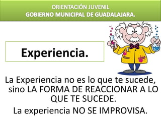Experiencia.
La Experiencia no es lo que te sucede,
 sino LA FORMA DE REACCIONAR A LO
           QUE TE SUCEDE.
  La experiencia NO SE IMPROVISA.
 