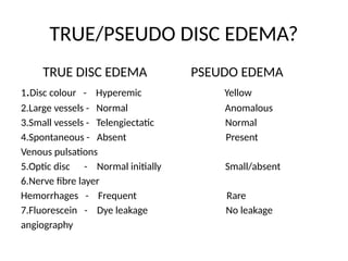 TRUE/PSEUDO DISC EDEMA?
TRUE DISC EDEMA PSEUDO EDEMA
1.Disc colour - Hyperemic Yellow
2.Large vessels - Normal Anomalous
3.Small vessels - Telengiectatic Normal
4.Spontaneous - Absent Present
Venous pulsations
5.Optic disc - Normal initially Small/absent
6.Nerve fibre layer
Hemorrhages - Frequent Rare
7.Fluorescein - Dye leakage No leakage
angiography
 
