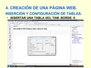 INSERCIÓN Y CONFIGURACIÓN DE TABLAS. INSERTAR UNA TABLA 4X3, TAM. BORDE: 0. 4. CREACIÓN DE UNA PÁGINA WEB. 