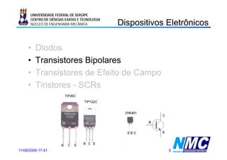 UNIVERSIDADE FEDERAL DE SERGIPE

                                                      Dispositivos Eletrônicos
                                                        spos os e ô cos
      CENTRO DE CIÊNCIAS EXATAS E TECNOLOGIA
      NÚCLEO DE ENGENHARIA MECÂNICA




     •   Diodos
     •   Transistores Bipolares
     •   Transistores de Efeito de Campo
     •   Tiristores - SCRs




11/08/2009 17:41                 Prof. Douglas Bressan Riffel     20
 