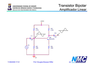 UNIVERSIDADE FEDERAL DE SERGIPE                           Transistor Bipolar
      CENTRO DE CIÊNCIAS EXATAS E TECNOLOGIA
      NÚCLEO DE ENGENHARIA MECÂNICA                             Amplificador Linear




11/08/2009 17:41                 Prof. Douglas Bressan Riffel         26
 