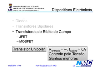 UNIVERSIDADE FEDERAL DE SERGIPE

                                                      Dispositivos Eletrônicos
                                                        spos os e ô cos
      CENTRO DE CIÊNCIAS EXATAS E TECNOLOGIA
      NÚCLEO DE ENGENHARIA MECÂNICA




     • Diodos
     • Transistores Bipolares
     • Transistores de Efeito de Campo
          – JFET
          – MOSFET

      Transistor Unipolar Rentrada = ∞, Igatilho = 0A
                    p                 ,
                          Controle pela Tensão
                          Ganhos menores
11/08/2009 17:41                 Prof. Douglas Bressan Riffel     28
 