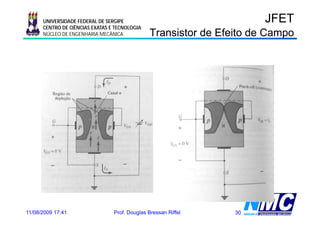UNIVERSIDADE FEDERAL DE SERGIPE                                  JFET
      CENTRO DE CIÊNCIAS EXATAS E TECNOLOGIA
      NÚCLEO DE ENGENHARIA MECÂNICA             Transistor de Efeito de Campo




11/08/2009 17:41                 Prof. Douglas Bressan Riffel    30
 