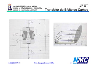 UNIVERSIDADE FEDERAL DE SERGIPE                                  JFET
      CENTRO DE CIÊNCIAS EXATAS E TECNOLOGIA
      NÚCLEO DE ENGENHARIA MECÂNICA             Transistor de Efeito de Campo




11/08/2009 17:41                 Prof. Douglas Bressan Riffel    31
 