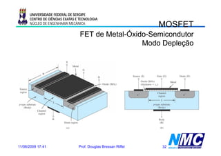UNIVERSIDADE FEDERAL DE SERGIPE
      CENTRO DE CIÊNCIAS EXATAS E TECNOLOGIA
      NÚCLEO DE ENGENHARIA MECÂNICA
                                                                MOSFET
                                  FET de Metal-Óxido-Semicondutor
                                         Metal-Óxido-
                                                   Modo Depleção




11/08/2009 17:41                 Prof. Douglas Bressan Riffel   32
 