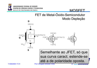 UNIVERSIDADE FEDERAL DE SERGIPE
      CENTRO DE CIÊNCIAS EXATAS E TECNOLOGIA
      NÚCLEO DE ENGENHARIA MECÂNICA
                                                                MOSFET
                                  FET de Metal-Óxido-Semicondutor
                                         Metal-Óxido-
                                                   Modo Depleção
                        D




              G




                        S
                                         Semelhante ao JFET, só que
                                         sua curva caract estende-se
                                                   caract. estende se
                                         até a de polaridade oposta.
11/08/2009 17:41                 Prof. Douglas Bressan Riffel   33
 
