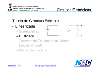 UNIVERSIDADE FEDERAL DE SERGIPE

                                                                Circuitos Eletrônicos
                                                                C cu os e ô cos
      CENTRO DE CIÊNCIAS EXATAS E TECNOLOGIA
      NÚCLEO DE ENGENHARIA MECÂNICA




     Teoria de Circuitos Elétricos
     • Linearidade
          – Superposição              =
          – D lid d
            Dualidade
          – Teorema de Thevenin e de Norton
          – Leis de Kirchoff
          – Elementos reativos



11/08/2009 17:41                 Prof. Douglas Bressan Riffel             5
 