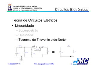 UNIVERSIDADE FEDERAL DE SERGIPE

                                                                Circuitos Eletrônicos
                                                                C cu os e ô cos
      CENTRO DE CIÊNCIAS EXATAS E TECNOLOGIA
      NÚCLEO DE ENGENHARIA MECÂNICA




     Teoria de Circuitos Elétricos
     • Linearidade
          – Superposição
          – D lid d
            Dualidade
          – Teorema de Thevenin e de Norton



                                                          =

11/08/2009 17:41                 Prof. Douglas Bressan Riffel             6
 
