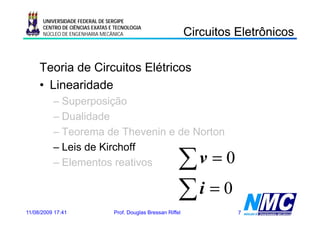 UNIVERSIDADE FEDERAL DE SERGIPE

                                                                Circuitos Eletrônicos
                                                                C cu os e ô cos
      CENTRO DE CIÊNCIAS EXATAS E TECNOLOGIA
      NÚCLEO DE ENGENHARIA MECÂNICA




     Teoria de Circuitos Elétricos
     • Linearidade
          – Superposição
          – D lid d
            Dualidade
          – Teorema de Thevenin e de Norton


                                                            ∑v = 0
          – Leis de Kirchoff
          – Elementos reativos

                                                            ∑i = 0
11/08/2009 17:41                 Prof. Douglas Bressan Riffel             7
 