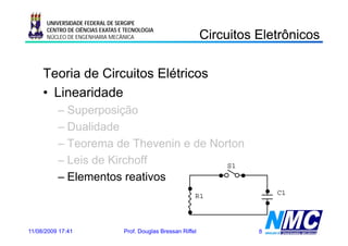UNIVERSIDADE FEDERAL DE SERGIPE

                                                                Circuitos Eletrônicos
                                                                C cu os e ô cos
      CENTRO DE CIÊNCIAS EXATAS E TECNOLOGIA
      NÚCLEO DE ENGENHARIA MECÂNICA




     Teoria de Circuitos Elétricos
     • Linearidade
          – Superposição
          – D lid d
            Dualidade
          – Teorema de Thevenin e de Norton
          – Leis de Kirchoff            S1
          – Elementos reativos
                                                            R1                C1




11/08/2009 17:41                 Prof. Douglas Bressan Riffel             8
 