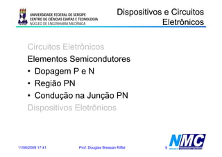 UNIVERSIDADE FEDERAL DE SERGIPE                  Dispositivos e Circuitos
                                                                   Eletrônicos
                                                                     e ô cos
      CENTRO DE CIÊNCIAS EXATAS E TECNOLOGIA
      NÚCLEO DE ENGENHARIA MECÂNICA




     Circuitos Eletrônicos
     Elementos Semicondutores
     • Dopagem P e N
     • Região PN
     • Condução na Junção PN
     Dispositivos Eletrônicos



11/08/2009 17:41                 Prof. Douglas Bressan Riffel       9
 
