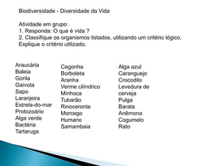 Biodiversidade - Diversidade da Vida

 Atividade em grupo:
 1. Responda: O que é vida ?
 2. Classifique os organismos listados, utilizando um critério lógico.
 Explique o critério utilizado.


Araucária         Cegonha                  Alga azul
Baleia            Borboleta                Caranguejo
Gorila            Aranha                   Crocodilo
Gaivota           Verme cilíndrico         Levedura de
Sapo              Minhoca                  cerveja
Laranjeira        Tubarão                  Pulga
Estrela-do-mar    Rinoceronte              Barata
Protozoário       Morcego                  Anêmona
Alga verde        Humano                   Cogumelo
Bactéria          Samambaia                Rato
Tartaruga
 