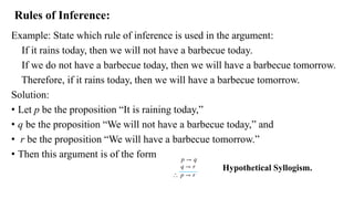 Rules of Inference:
Example: State which rule of inference is used in the argument:
If it rains today, then we will not have a barbecue today.
If we do not have a barbecue today, then we will have a barbecue tomorrow.
Therefore, if it rains today, then we will have a barbecue tomorrow.
Solution:
• Let p be the proposition “It is raining today,”
• q be the proposition “We will not have a barbecue today,” and
• r be the proposition “We will have a barbecue tomorrow.”
• Then this argument is of the form
Hypothetical Syllogism.
 