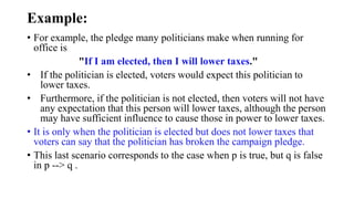 Example:
• For example, the pledge many politicians make when running for
office is
"If I am elected, then I will lower taxes."
• If the politician is elected, voters would expect this politician to
lower taxes.
• Furthermore, if the politician is not elected, then voters will not have
any expectation that this person will lower taxes, although the person
may have sufficient influence to cause those in power to lower taxes.
• It is only when the politician is elected but does not lower taxes that
voters can say that the politician has broken the campaign pledge.
• This last scenario corresponds to the case when p is true, but q is false
in p --> q .
 
