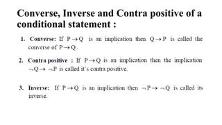 Converse, Inverse and Contra positive of a
conditional statement :
 
