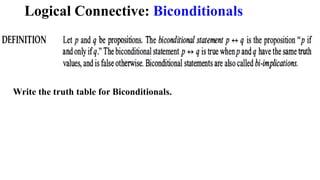 Logical Connective: Biconditionals
Write the truth table for Biconditionals.
 