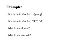 Example:
• Find the truth table for
• Find the truth table for
• What do you observe?
• What do you conclude?
 