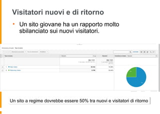 Visitatori nuovi e di ritorno
• Un sito giovane ha un rapporto molto
sbilanciato sui nuovi visitatori.
Un sito a regime dovrebbe essere 50% tra nuovi e visitatori di ritornoUn sito a regime dovrebbe essere 50% tra nuovi e visitatori di ritorno
 