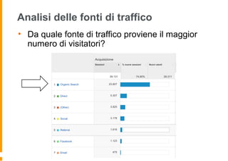 Analisi delle fonti di traffico
• Da quale fonte di traffico proviene il maggior
numero di visitatori?
 