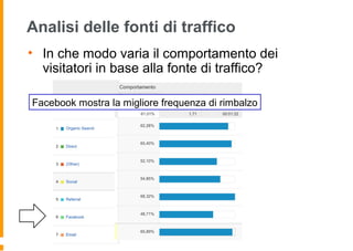 Analisi delle fonti di traffico
• In che modo varia il comportamento dei
visitatori in base alla fonte di traffico?
Facebook mostra la migliore frequenza di rimbalzo
 