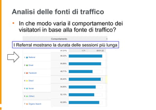Analisi delle fonti di traffico
• In che modo varia il comportamento dei
visitatori in base alla fonte di traffico?
I Referral mostrano la durata delle sessioni più lunga
 