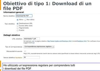 Obiettivo di tipo 1: Download di un
file PDF
Ho utilizzato un’espressione regolare per comprendere tutti
i download dei file PDF
 