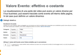 Valore Evento: effettivo o costante
La visualizzazione di una parte del video può avere un valore diverso per
Il tuo business; può essere tracciato come evento all’interno delle pagine,
In tal caso puoi definire un valore dinamico
 