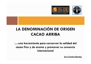 LA DENOMINACIÓN DE ORIGEN
CACAO ARRIBACACAO ARRIBA
…una herramienta para conservar la calidad del
cacao fino y de aroma y promover su comercio
internacional
Ana Carolina Benítez
 