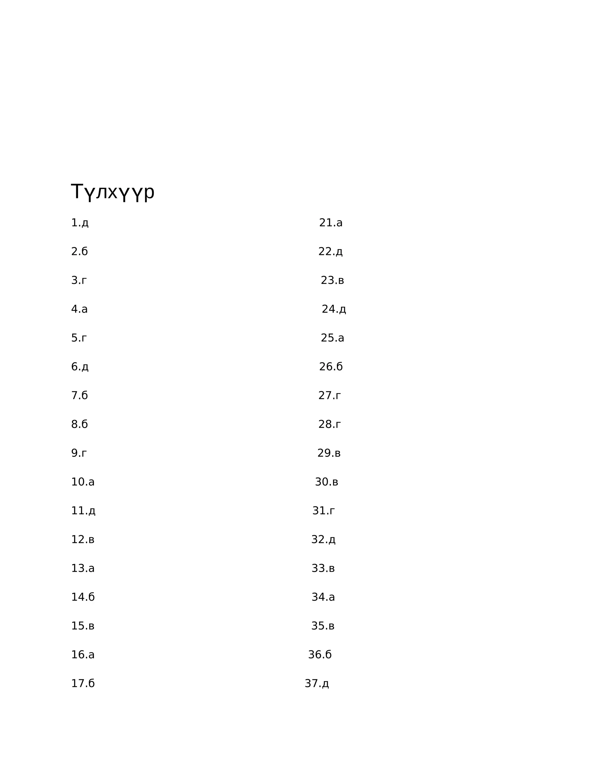 Түлхүүр
1.д         21.а

2.б         22.д

3.г         23.в

4.а         24.д

5.г         25.а

6.д         26.б

7.б         27.г

8.б         28.г

9.г         29.в

10.а       30.в

11.д       31.г

12.в       32.д

13.а       33.в

14.б       34.а

15.в       35.в

16.а      36.б

17.б      37.д
 