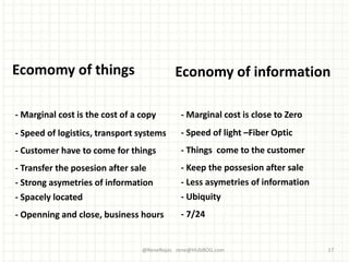 Ecomomy of things Economy of information
- Marginal cost is close to Zero- Marginal cost is the cost of a copy
- Speed of light –Fiber Optic- Speed of logistics, transport systems
- Things come to the customer- Customer have to come for things
- Keep the possesion after sale- Transfer the posesion after sale
- Less asymetries of information- Strong asymetries of information
@ReneRojas rene@HUbBOG.com 17
- Ubiquity- Spacely located
- 7/24- Openning and close, business hours
 