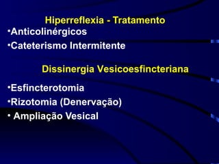 Hiperreflexia - Tratamento Anticolinérgicos Cateterismo Intermitente Esfincterotomia  Rizotomia (Denervação) Ampliação Vesical  Dissinergia Vesicoesfincteriana 