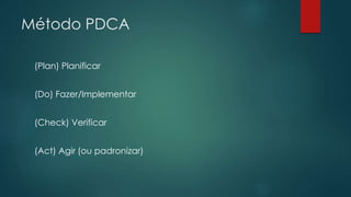 Método PDCA 
(Plan) Planificar 
(Do) Fazer/Implementar 
(Check) Verificar 
(Act) Agir (ou padronizar) 
 