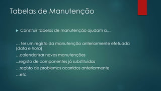 Tabelas de Manutenção 
 Construir tabelas de manutenção ajudam a… 
… ter um registo da manutenção anteriormente efetuada 
(data e hora) 
…calendarizar novas manutenções 
...registo de componentes já substituídas 
…registo de problemas ocorridos anteriormente 
…etc 
 