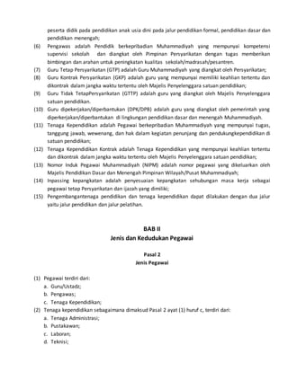 peserta didik pada pendidikan anak usia dini pada jalur pendidikan formal, pendidikan dasar dan
pendidikan menengah;
(6) Pengawas adalah Pendidik berkepribadian Muhammadiyah yang mempunyai kompetensi
supervisi sekolah dan diangkat oleh Pimpinan Persyarikatan dengan tugas memberikan
bimbingan dan arahan untuk peningkatan kualitas sekolah/madrasah/pesantren.
(7) Guru Tetap Persyarikatan (GTP) adalah Guru Muhammadiyah yang diangkat oleh Persyarikatan;
(8) Guru Kontrak Persyarikatan (GKP) adalah guru yang mempunyai memiliki keahlian tertentu dan
dikontrak dalam jangka waktu tertentu oleh Majelis Penyelenggara satuan pendidikan;
(9) Guru Tidak TetapPersyarikatan (GTTP) adalah guru yang diangkat oleh Majelis Penyelenggara
satuan pendidikan.
(10) Guru dipekerjakan/diperbantukan (DPK/DPB) adalah guru yang diangkat oleh pemerintah yang
diperkerjakan/diperbantukan di lingkungan pendidikan dasar dan menengah Muhammadiyah.
(11) Tenaga Kependidikan adalah Pegawai berkepribadian Muhammadiyah yang mempunyai tugas,
tanggung jawab, wewenang, dan hak dalam kegiatan penunjang dan pendukungkependidikan di
satuan pendidikan;
(12) Tenaga Kependidikan Kontrak adalah Tenaga Kependidikan yang mempunyai keahlian tertentu
dan dikontrak dalam jangka waktu tertentu oleh Majelis Penyelenggara satuan pendidikan;
(13) Nomor Induk Pegawai Muhammadiyah (NIPM) adalah nomor pegawai yang dikeluarkan oleh
Majelis Pendidikan Dasar dan Menengah Pimpinan Wilayah/Pusat Muhammadiyah;
(14) Inpassing kepangkatan adalah penyesuaian kepangkatan sehubungan masa kerja sebagai
pegawai tetap Persyarikatan dan ijazah yang dimiliki;
(15) Pengembangantenaga pendidikan dan tenaga kependidikan dapat dilakukan dengan dua jalur
yaitu jalur pendidikan dan jalur pelatihan.
BAB II
Jenis dan Kedudukan Pegawai
Pasal 2
Jenis Pegawai
(1) Pegawai terdiri dari:
a. Guru/Ustadz;
b. Pengawas;
c. Tenaga Kependidikan;
(2) Tenaga kependidikan sebagaimana dimaksud Pasal 2 ayat (1) huruf c, terdiri dari:
a. Tenaga Administrasi;
b. Pustakawan;
c. Laboran;
d. Teknisi;
 