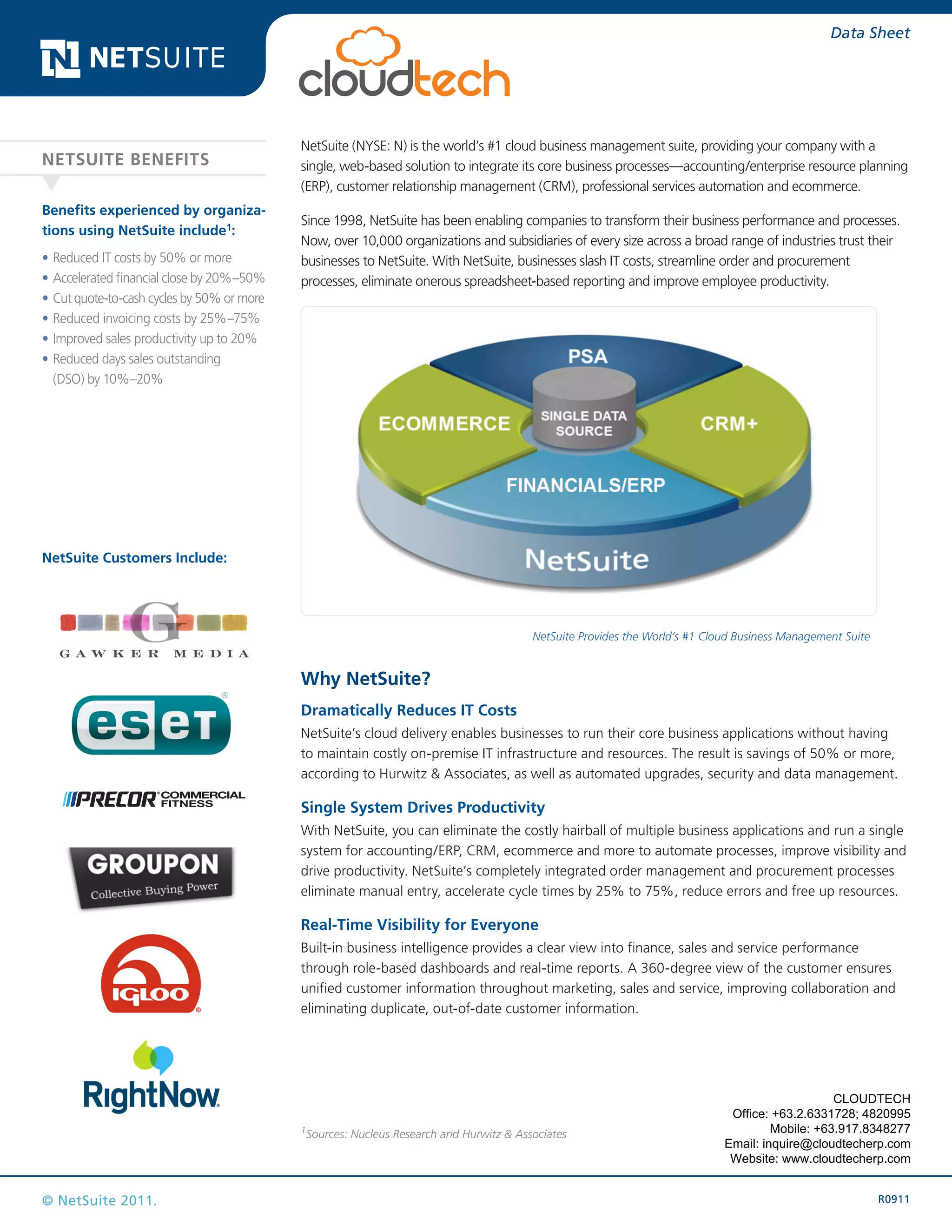 R0911© NetSuite 2011.
Data Sheet
NetSuite (NYSE: N) is the world’s #1 cloud business management suite, providing your company with a
single, web-based solution to integrate its core business processes—accounting/enterprise resource planning
(ERP), customer relationship management (CRM), professional services automation and ecommerce.
Since 1998, NetSuite has been enabling companies to transform their business performance and processes.
Now, over 10,000 organizations and subsidiaries of every size across a broad range of industries trust their
businesses to NetSuite. With NetSuite, businesses slash IT costs, streamline order and procurement
processes, eliminate onerous spreadsheet-based reporting and improve employee productivity.
NetSuite Provides the World’s #1 Cloud Business Management Suite
Why NetSuite?
Dramatically Reduces IT Costs
NetSuite’s cloud delivery enables businesses to run their core business applications without having
to maintain costly on-premise IT infrastructure and resources. The result is savings of 50% or more,
according to Hurwitz & Associates, as well as automated upgrades, security and data management.
Single System Drives Productivity
With NetSuite, you can eliminate the costly hairball of multiple business applications and run a single
system for accounting/ERP, CRM, ecommerce and more to automate processes, improve visibility and
drive productivity. NetSuite’s completely integrated order management and procurement processes
eliminate manual entry, accelerate cycle times by 25% to 75%, reduce errors and free up resources.
Real-Time Visibility for Everyone
Built-in business intelligence provides a clear view into finance, sales and service performance
through role-based dashboards and real-time reports. A 360-degree view of the customer ensures
unified customer information throughout marketing, sales and service, improving collaboration and
eliminating duplicate, out-of-date customer information.
NetSuite
The World’s #1 Cloud Business Management Suite
Benefits experienced by organiza-
tions using NetSuite include1
:
•	Reduced IT costs by 50% or more
•	Accelerated financial close by 20%–50%
•	Cut quote-to-cash cycles by 50% or more
•	Reduced invoicing costs by 25%–75%
•	Improved sales productivity up to 20%
•	Reduced days sales outstanding
(DSO) by 10%–20%
NETSUITE BENEFITS
NetSuite Customers Include:
1
Sources: Nucleus Research and Hurwitz & Associates
CLOUDTECH
Office: +63.2.6331728; 4820995
Mobile: +63.917.8348277
Email: inquire@cloudtecherp.com
Website: www.cloudtecherp.com
 