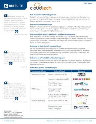 © NetSuite 2011. NetSuite: The World’s #1 Cloud Business Management Suite 2 | 8
Data Sheet
Run Your Business from Anywhere
NetSuite’s web-based solutions enable your employees to access critical business information from
anywhere on the globe. With support for popular mobile devices, NetSuite users get access to their
business application from the palm of their hand.
Easy to Customize and Adapt
NetSuite’s SuiteCloud platform supports proven application customization to adapt NetSuite to your
needs—whether specific workflows, integration or tailored logic. Even better, no matter how you
customize, you’ll always be running the latest version.
Enterprise-Class Security, Availability and Data Management
With certifications such as SAS 70 Type II, PCI DSS and EU-US Safe Harbor, NetSuite delivers the
utmost compliance and security confidence. And with multiple data centers, automated data backups
and a stringent Service Level Commitment, NetSuite provides infrastructure that is more robust than
typical on-premise deployments.
Designed to Meet Specific Industry Needs
NetSuite provides specific industry editions for software companies with advanced revenue
recognition needs, manufacturers and wholesale distributors with multi-site inventory, production
and services organizations with disparate resources and complex multi-currency client billing, and
retail/e-tail businesses with multiple channels.
Delivered by a Trusted Cloud Solution Provider
As a public company with strong cash reserves and extensive international operations, NetSuite gives
its customers the assurance that they’re partnering with a company that has the resources to drive
their long-term success.
NetSuite Customer Benefit Examples
Improvement Area Business Result Company
Accounting Efficiency Monthly close reduced by 50%
Accounting reduced costs by 20%
Financial close reduced
from weeks to 4 days
IT Efficiency Saving approximately
$250,000 annually
Reduces IT cost by $275,000 and
achieves ROI in just 6 months
Employee Productivity Services revenues lifted by 20%
Grew 350% in 6 years
without adding staff
NetSuite has simplified our
company’s operations, given us great
efficiency, power, and flexibility,
helped us do business on the web,
and has helped unify our customer
touchpoints by linking CRM with
ERP and ecommerce. In IT, NetSuite
changed our role.
—Advantage Sign Supply
With NetSuite, we’re able to
grow in a controlled and scalable
way without worrying about our
systems or having to add new staff
members just to keep up with our
volume.
—WhippleHill
We went from the most
expensive piece of software on the
planet—SAP—down to QuickBooks
and then to Great Plains. They were
all either limited, costly or both. We
finally realized that we had to get
on a single system, and that’s where
NetSuite came in.
—Distribution Video & Audio
CLOUDTECH
Office: +63.2.6331728; 4820995
Mobile: +63.917.8348277
Email: inquire@cloudtecherp.com
Website: www.cloudtecherp.com
 
