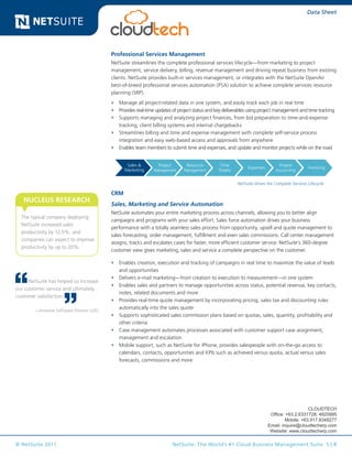© NetSuite 2011. NetSuite: The World’s #1 Cloud Business Management Suite 5 | 8
Data Sheet
Professional Services Management
NetSuite streamlines the complete professional services lifecycle—from marketing to project
management, service delivery, billing, revenue management and driving repeat business from existing
clients. NetSuite provides built-in services management, or integrates with the NetSuite OpenAir
best-of-breed professional services automation (PSA) solution to achieve complete services resource
planning (SRP).
•	 Manage all project-related data in one system, and easily track each job in real time
•	 Provides real-time updates of project status and key deliverables using project management and time tracking
•	 Supports managing and analyzing project finances, from bid preparation to time-and-expense
tracking, client billing systems and internal chargebacks
•	 Streamlines billing and time and expense management with complete self-service process
integration and easy web-based access and approvals from anywhere
•	 Enables team members to submit time and expenses, and update and monitor projects while on the road
Lead Opportunity Quote Order
Ship
& Track
Invoice Service
Request Approve Price Order Receive Match Pay
Sales &
Marketing
Project
Management
Resource
Management
Time
Sheets
Expenses
Project
Accounting
Invoicing
NetSuite Drives the Complete Services Lifecycle
CRM
Sales, Marketing and Service Automation
NetSuite automates your entire marketing process across channels, allowing you to better align
campaigns and programs with your sales effort. Sales force automation drives your business
performance with a totally seamless sales process from opportunity, upsell and quote management to
sales forecasting, order management, fulfillment and even sales commissions. Call center management
assigns, tracks and escalates cases for faster, more efficient customer service. NetSuite’s 360-degree
customer view gives marketing, sales and service a complete perspective on the customer.
•	 Enables creation, execution and tracking of campaigns in real time to maximize the value of leads
and opportunities
•	 Delivers e-mail marketing—from creation to execution to measurement—in one system
•	 Enables sales and partners to manage opportunities across status, potential revenue, key contacts,
notes, related documents and more
•	 Provides real-time quote management by incorporating pricing, sales tax and discounting rules
automatically into the sales quote
•	 Supports sophisticated sales commission plans based on quotas, sales, quantity, profitability and
other criteria
•	 Case management automates processes associated with customer support case assignment,
management and escalation
•	 Mobile support, such as NetSuite for iPhone, provides salespeople with on-the-go access to
calendars, contacts, opportunities and KPIs such as achieved versus quota, actual versus sales
forecasts, commissions and more
NetSuite has helped us increase
our customer service and ultimately
customer satisfaction.
—Innovise Software Division (UK)
The typical company deploying
NetSuite increased sales
productivity by 12.5%, and
companies can expect to improve
productivity by up to 20%.
NUCLEUS RESEARCH
CLOUDTECH
Office: +63.2.6331728; 4820995
Mobile: +63.917.8348277
Email: inquire@cloudtecherp.com
Website: www.cloudtecherp.com
 
