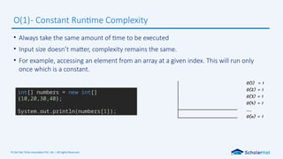 © Dot Net Tricks Innovation Pvt. Ltd. | All rights Reserved.
• Always take the same amount of time to be executed
• Input size doesn’t matter, complexity remains the same.
• For example, accessing an element from an array at a given index. This will run only
once which is a constant.
O(1)- Constant Runtime Complexity
int[] numbers = new int[]
{10,20,30,40};
System.out.println(numbers[1]);
 