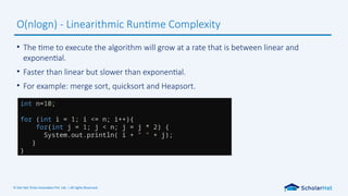 © Dot Net Tricks Innovation Pvt. Ltd. | All rights Reserved.
• The time to execute the algorithm will grow at a rate that is between linear and
exponential.
• Faster than linear but slower than exponential.
• For example: merge sort, quicksort and Heapsort.
O(nlogn) - Linearithmic Runtime Complexity
int n=10;
for (int i = 1; i <= n; i++){
for(int j = 1; j < n; j = j * 2) {
System.out.println( i + " " + j);
}
}
 