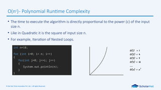 © Dot Net Tricks Innovation Pvt. Ltd. | All rights Reserved.
• The time to execute the algorithm is directly proportional to the power (c) of the input
size n.
• Like in Quadratic it is the square of input size n.
• For example, Iteration of Nested Loops.
O(nc
)- Polynomial Runtime Complexity
int n=10;
for (int i=0; i< n; i++)
{
for(int j=0; j<=i; j++)
{
System.out.println(n);
}
}
 