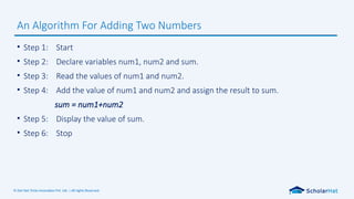 © Dot Net Tricks Innovation Pvt. Ltd. | All rights Reserved.
• Step 1: Start
• Step 2: Declare variables num1, num2 and sum.
• Step 3: Read the values of num1 and num2.
• Step 4: Add the value of num1 and num2 and assign the result to sum.
sum = num1+num2
• Step 5: Display the value of sum.
• Step 6: Stop
An Algorithm For Adding Two Numbers
 