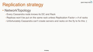 @chbatey
Replication strategy
• NetworkTopology
- Every Cassandra node knows its DC and Rack
- Replicas won’t be put on the same rack unless Replication Factor > # of racks
- Unfortunately Cassandra can’t create servers and racks on the fly to fix this :(
 