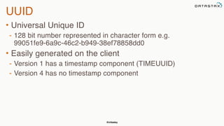 @chbatey
UUID
• Universal Unique ID
- 128 bit number represented in character form e.g.
99051fe9-6a9c-46c2-b949-38ef78858dd0
• Easily generated on the client
- Version 1 has a timestamp component (TIMEUUID)
- Version 4 has no timestamp component
 