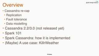 @chbatey
Overview
• Cassandra re-cap
• Replication
• Fault tolerance
• Data modelling
• Cassandra 2.2/3.0 (not released yet)
• Spark 101
• Spark Cassandra: how it is implemented
• (Maybe) A use case: KillrWeather
 