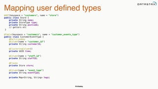 @chbatey
Mapping user defined types
@UDT(keyspace = "customers", name = "store") 
public class Store { 
private String name; 
private StoreType type; 
private String postcode;
// getters etc
}
@Table(keyspace = "customers", name = "customer_events_type") 
public class CustomerEventType { 
@PartitionKey 
@Column(name = "customer_id") 
private String customerId; 
 
@ClusteringColumn() 
private UUID time; 
 
@Column(name = "staff_id") 
private String staffId; 
 
@Frozen 
private Store store; 
 
@Column(name = "event_type") 
private String eventType; 
 
private Map<String, String> tags; 
 