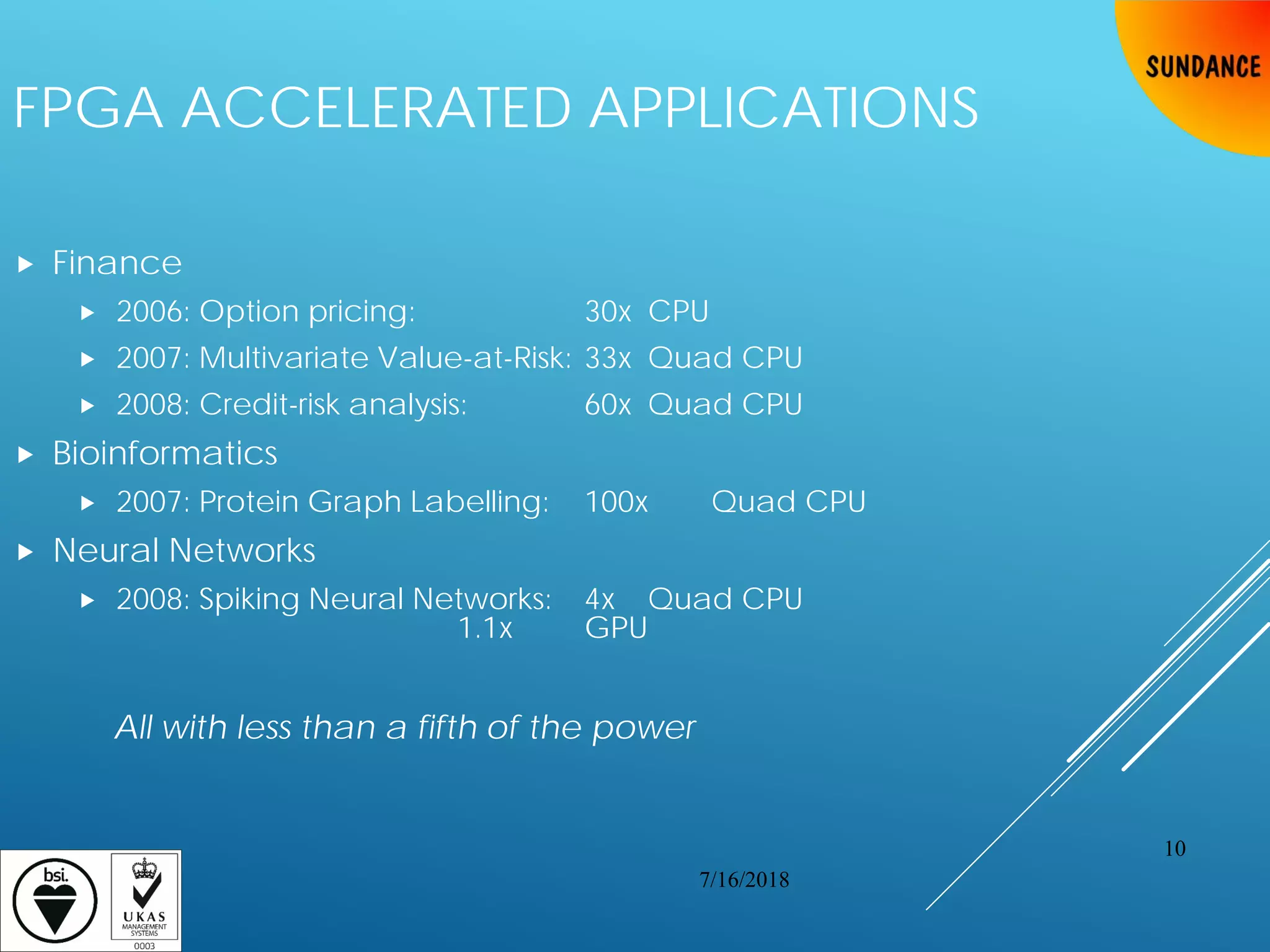 FPGA ACCELERATED APPLICATIONS
 Finance
 2006: Option pricing: 30x CPU
 2007: Multivariate Value-at-Risk: 33x Quad CPU
 2008: Credit-risk analysis: 60x Quad CPU
 Bioinformatics
 2007: Protein Graph Labelling: 100x Quad CPU
 Neural Networks
 2008: Spiking Neural Networks: 4x Quad CPU
1.1x GPU
All with less than a fifth of the power
7/16/2018
10
 