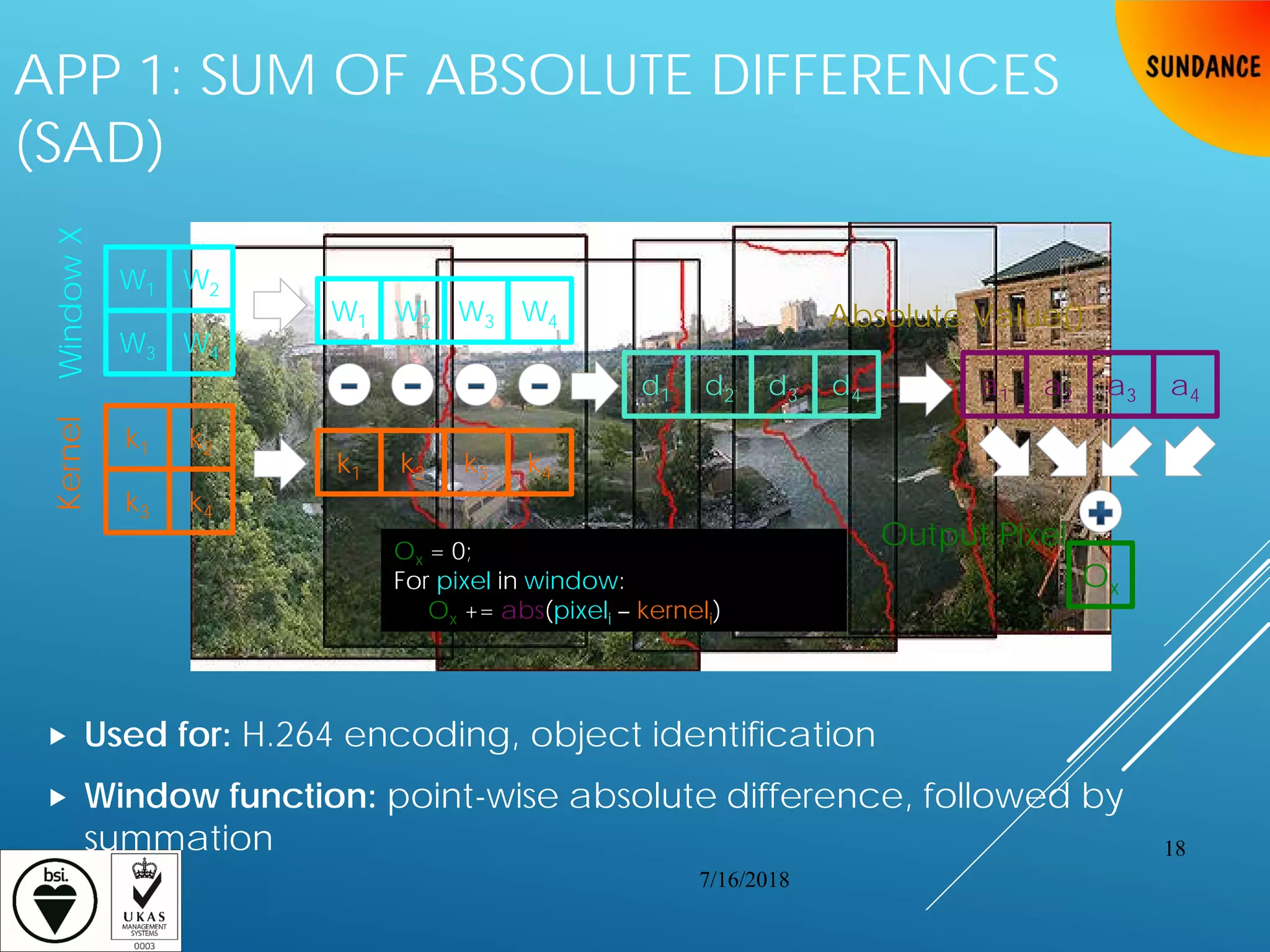 APP 1: SUM OF ABSOLUTE DIFFERENCES
(SAD)
 Used for: H.264 encoding, object identification
 Window function: point-wise absolute difference, followed by
summation
Kernel
W1
WindowX
W2
W3 W4
k1 k2
k3 k4
W1 W2 W3 W4
k1 k2 k3 k4
d1 d2 d3 d4 a1 a2 a3 a4
Ox
Output Pixel
Absolute Value()
Ox = 0;
For pixel in window:
Ox += abs(pixeli – kerneli)
7/16/2018
18
 