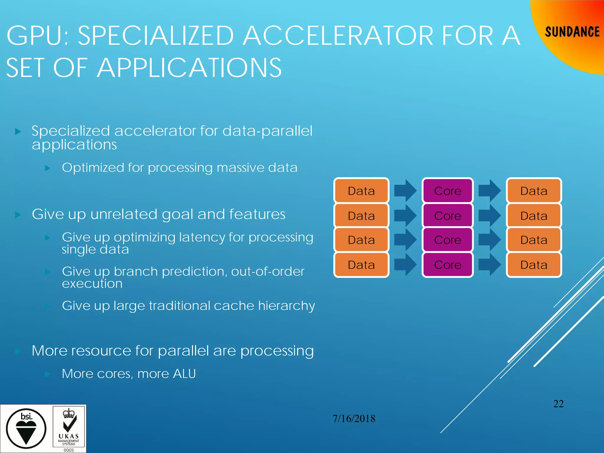  Specialized accelerator for data-parallel
applications
 Optimized for processing massive data
 Give up unrelated goal and features
 Give up optimizing latency for processing
single data
 Give up branch prediction, out-of-order
execution
 Give up large traditional cache hierarchy
 More resource for parallel are processing
 More cores, more ALU
GPU: SPECIALIZED ACCELERATOR FOR A
SET OF APPLICATIONS
Data DataCore
Data DataCore
Data DataCore
Data DataCore
7/16/2018
22
 