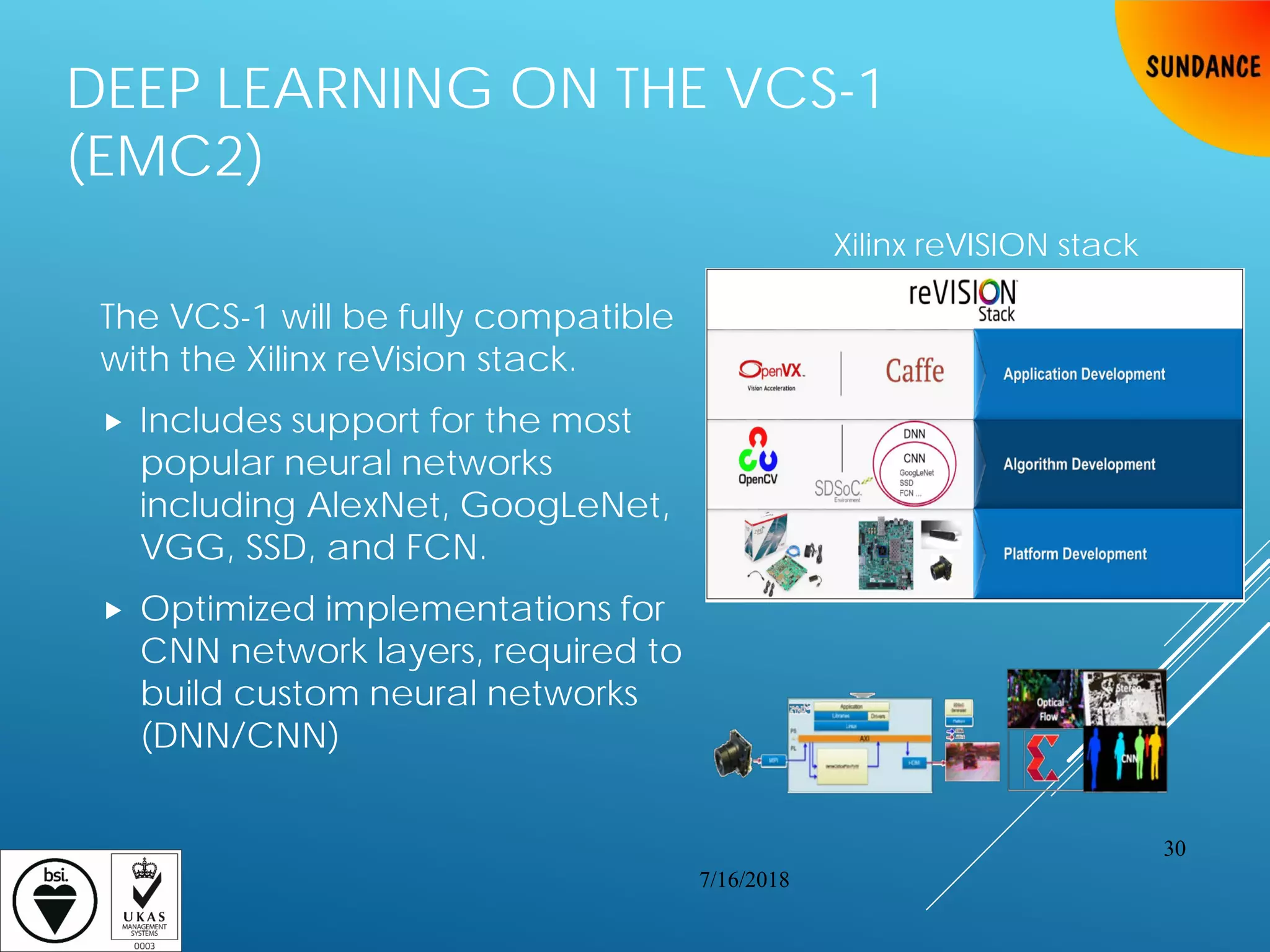 The VCS-1 will be fully compatible
with the Xilinx reVision stack.
 Includes support for the most
popular neural networks
including AlexNet, GoogLeNet,
VGG, SSD, and FCN.
 Optimized implementations for
CNN network layers, required to
build custom neural networks
(DNN/CNN)
7/16/2018
30
Xilinx reVISION stack
DEEP LEARNING ON THE VCS-1
(EMC2)
 