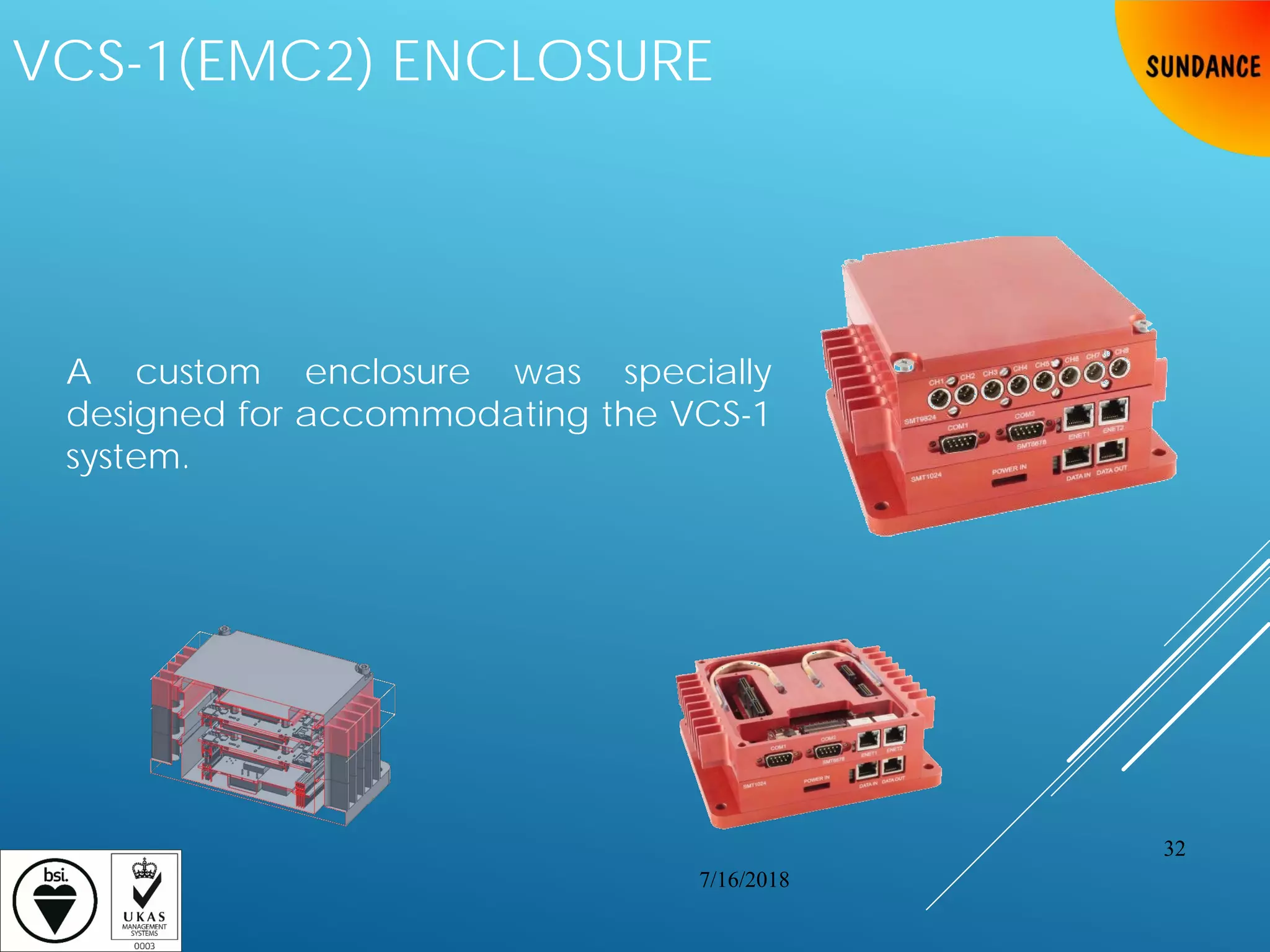 A custom enclosure was specially
designed for accommodating the VCS-1
system.
7/16/2018
32
VCS-1(EMC2) ENCLOSURE
 